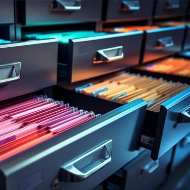 Colorful files in a filing cabinet